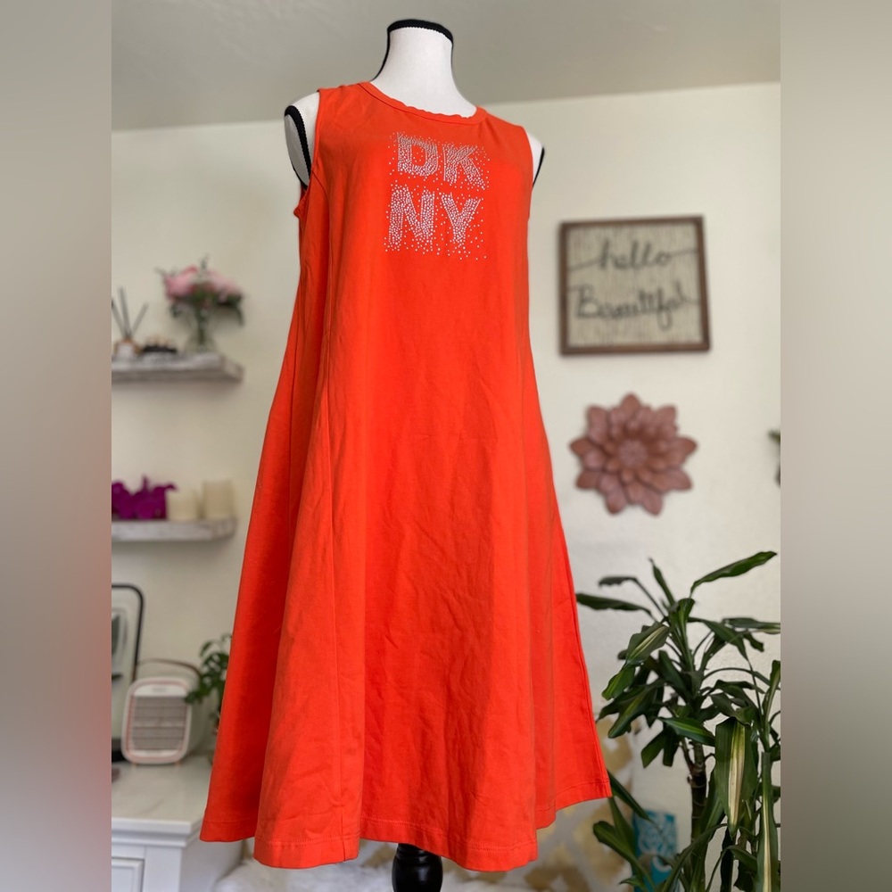 Orange sleeveless midi dress with silver rhinestone DKNY logo, Size M NWT